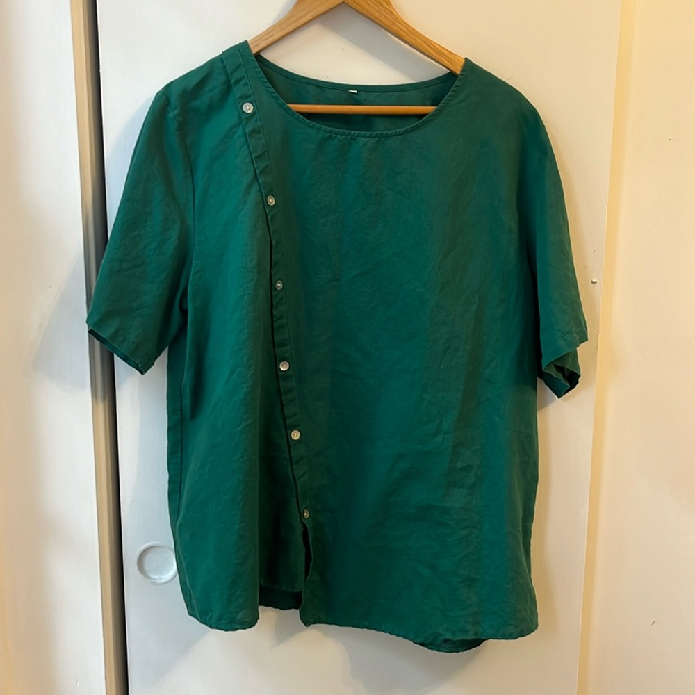 LINEN COTTON BLEND GREEN ASYMMETRICAL BUTTON SHORT SLEEVE BLOUSE XL